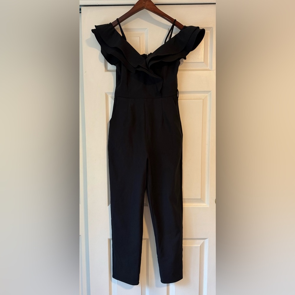 Main Strip Off-Shoulder Black Jumpsuit - Size Small